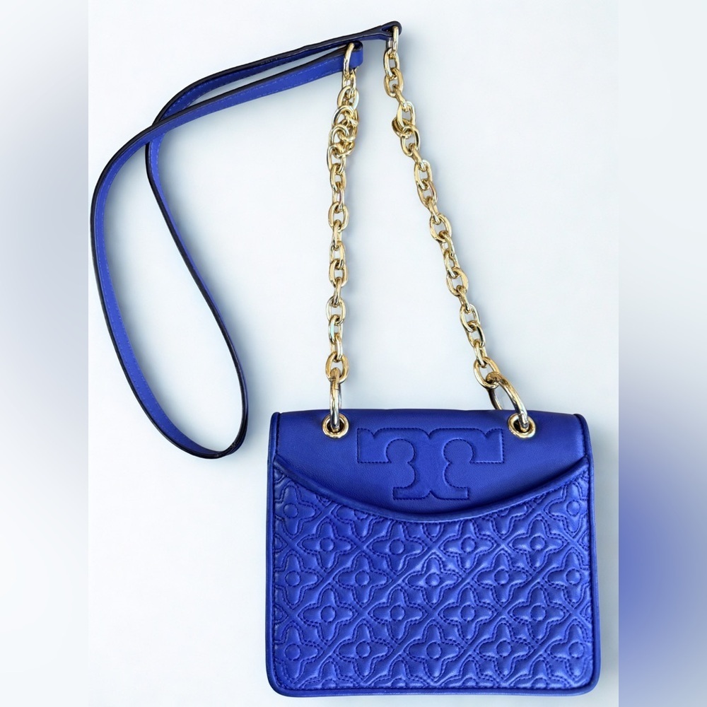 🔥 Tory Burch Fleming Small Quilted Floral Shoulder Bag - Royal Blue/Gold - Picture 7 of 8